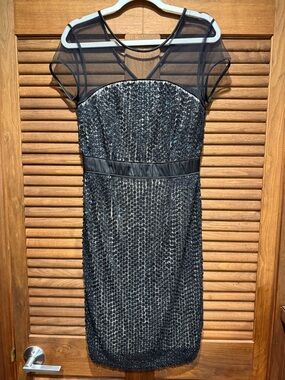 French Connection Black Sequined Mesh Yoke Midi Dress